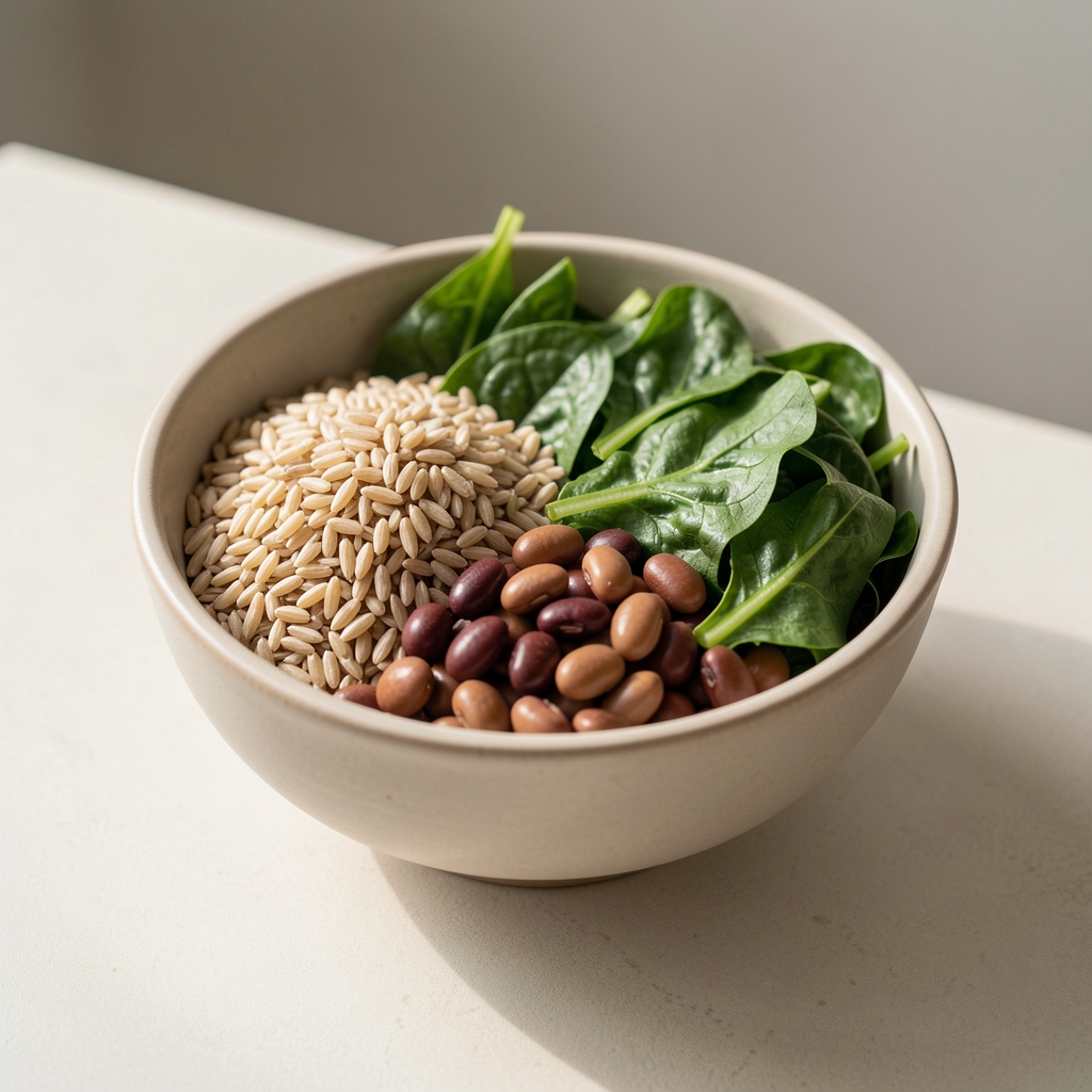 Bowl of whole foods including grains, legumes and leafy greens in natural light on a pale surface