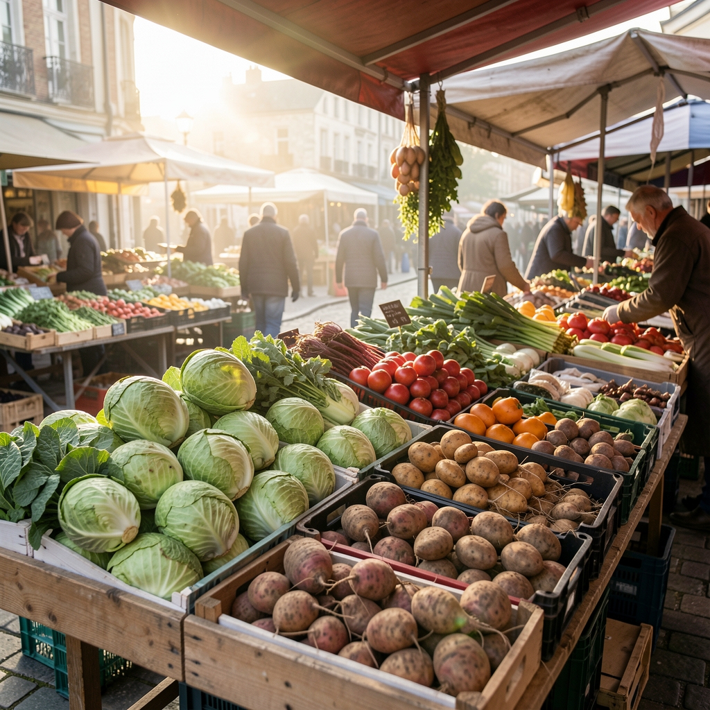 Market produce on a market stall in early morning light, seasonal vegetables including brassicas and root vegetables displayed